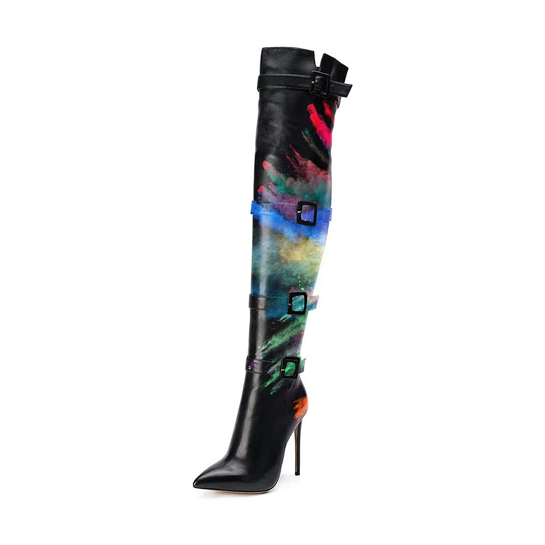 Multicolor Pointed Toe High Boots Leather Buckle Stiletto Thigh High Boots Nicepairs