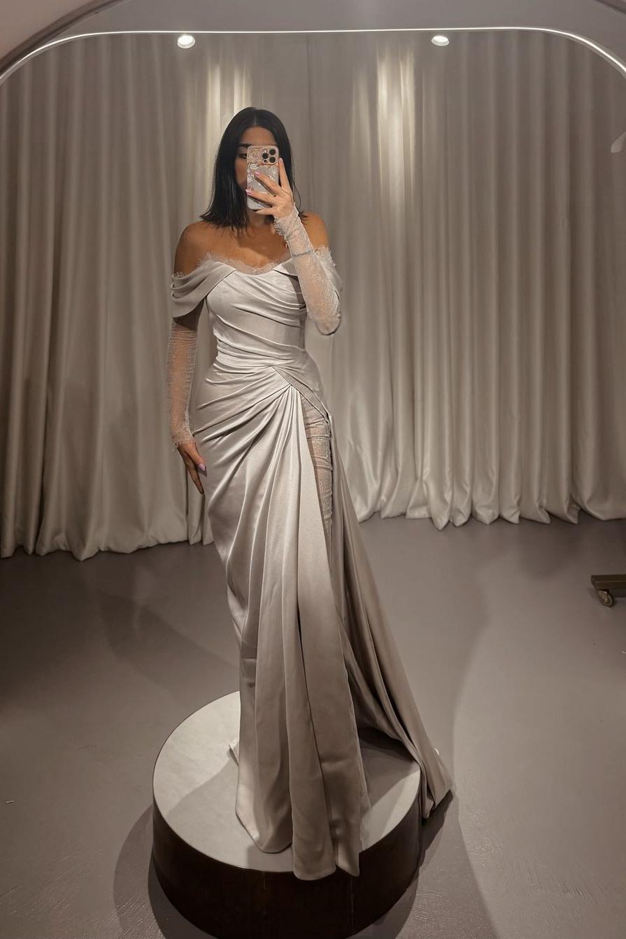 Stunning Silver Satin Off the Shoulder Strapless Long Sleeves Prom Dress with Pleated | MS0144  