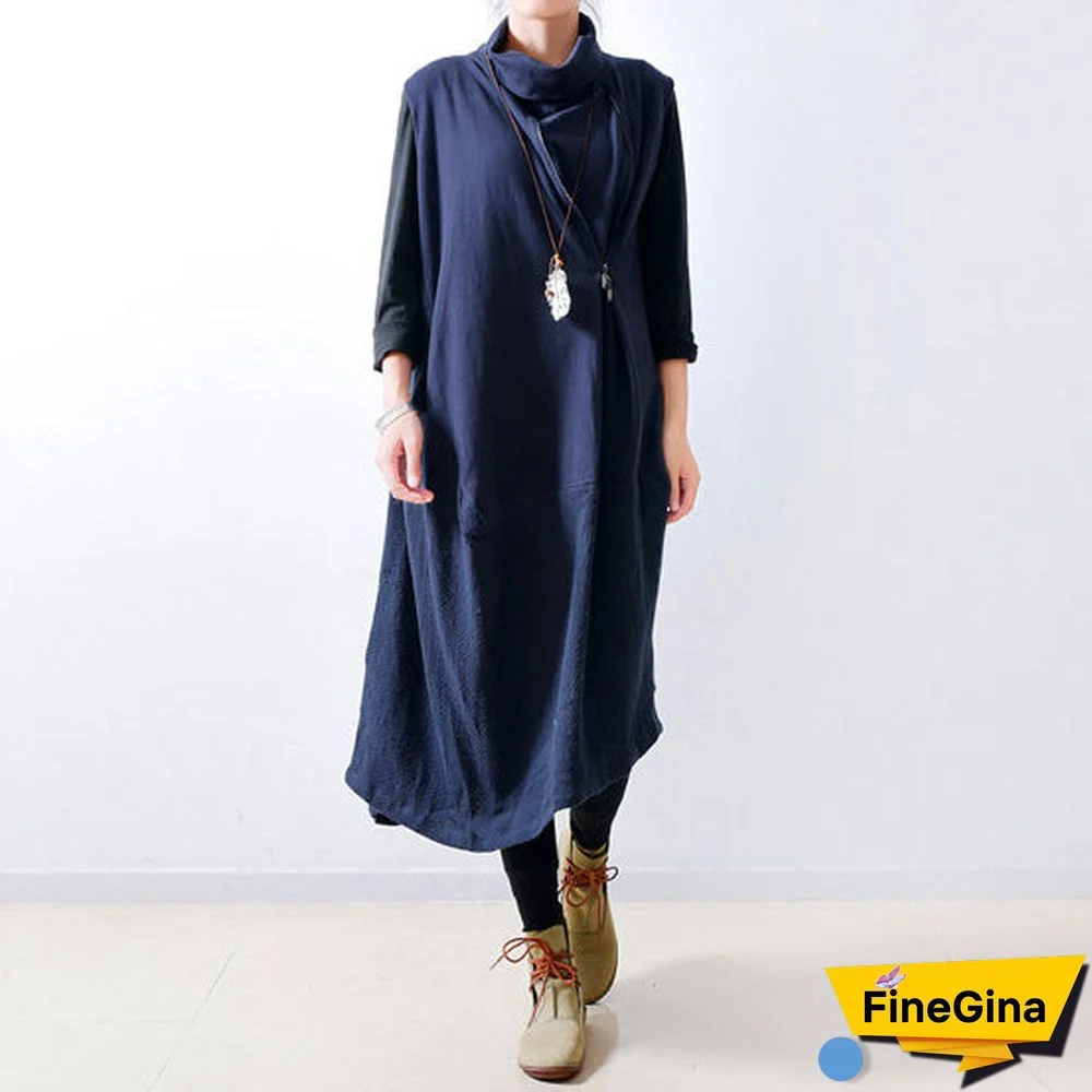 fall navy linen dresses shoulder zipper design oversized caftans gown