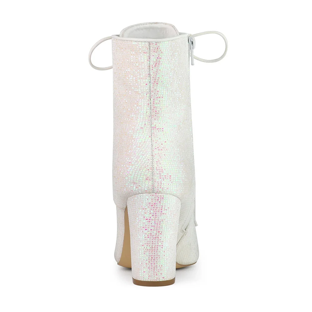 Glitter Pointed Toe Lace Up Side Zip Short Boots for Women in White