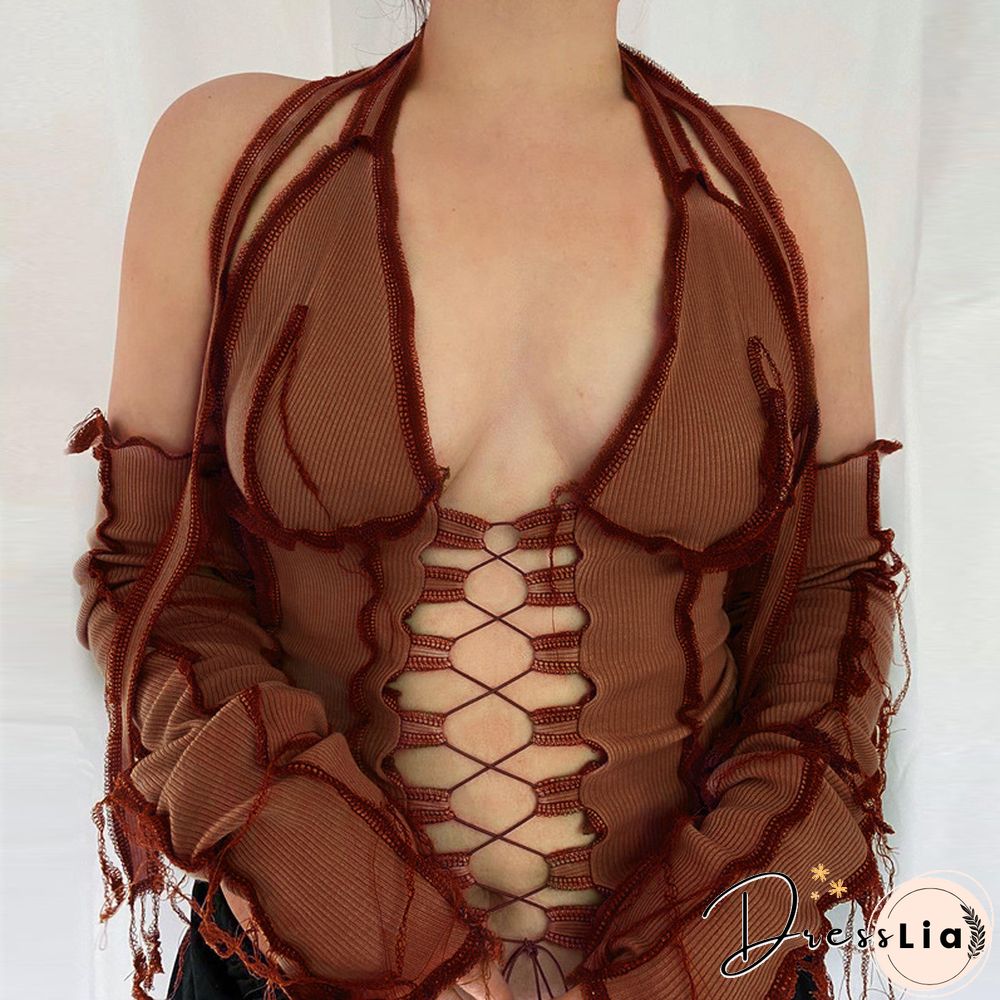 Backless Halter Ribbed Tie Front Top Women Long Sleeve Hollow Out Lace Up T Shirts Patchwork Sexy Hot Bodycon Crop Top