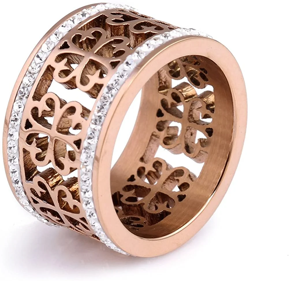 JAJAFOOK Women's Retro Hollow Rose Gold Stainless Steel Ring Rhinestone Ring for Gift (Size 6-10)