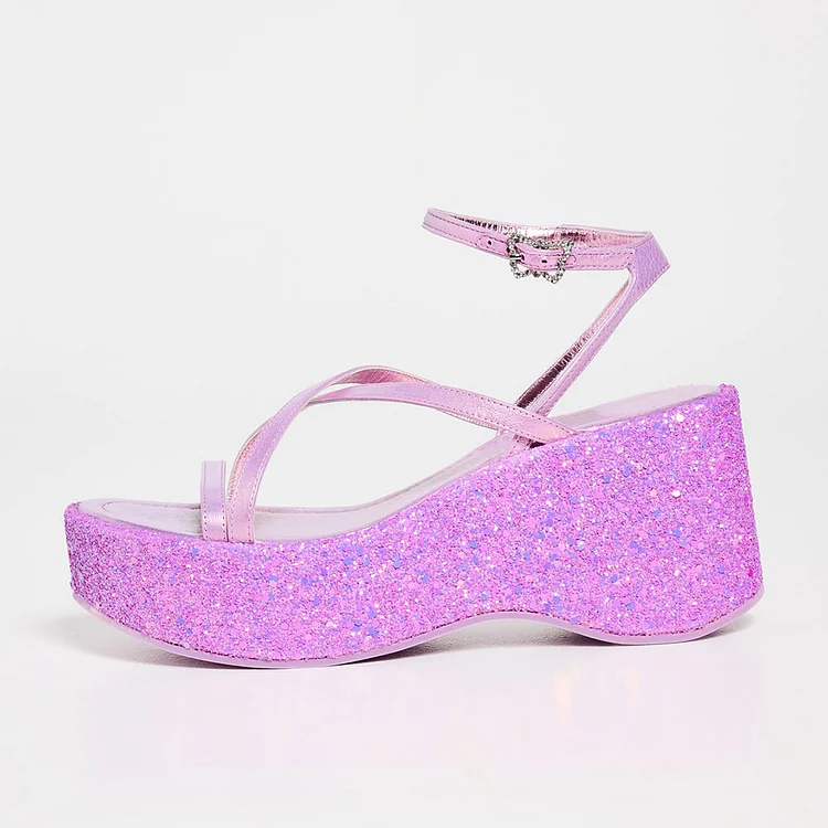 Light Purple Open Toe Ankle Strap Glitter Platform Wedge Sandals |FSJ Shoes