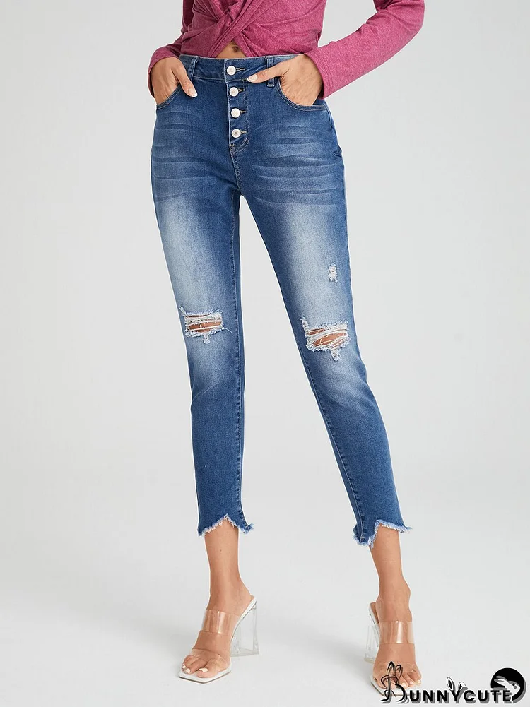 Ripped Washed Button Fly Pencil Jeans With Pocket