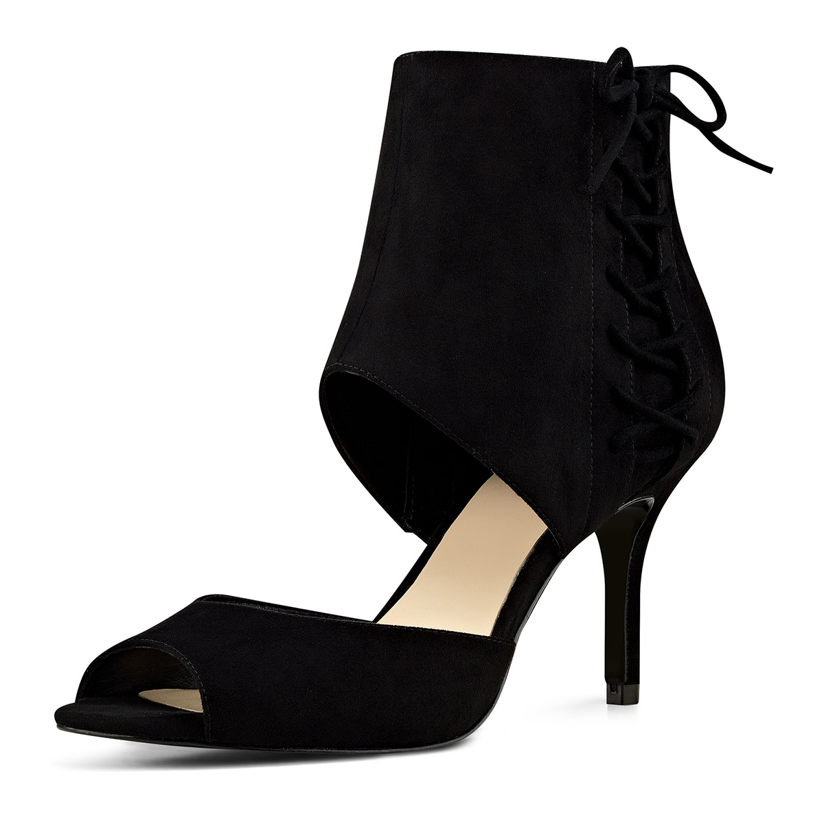 Black Vegan Suede Peep-Toe Cut-Out Heeled Booties for Summer
