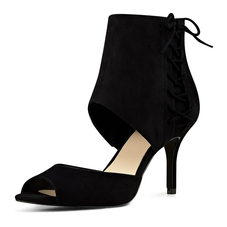 Black Summer Boots Peep Toe Cutout Kitten Heels |FSJ Shoes