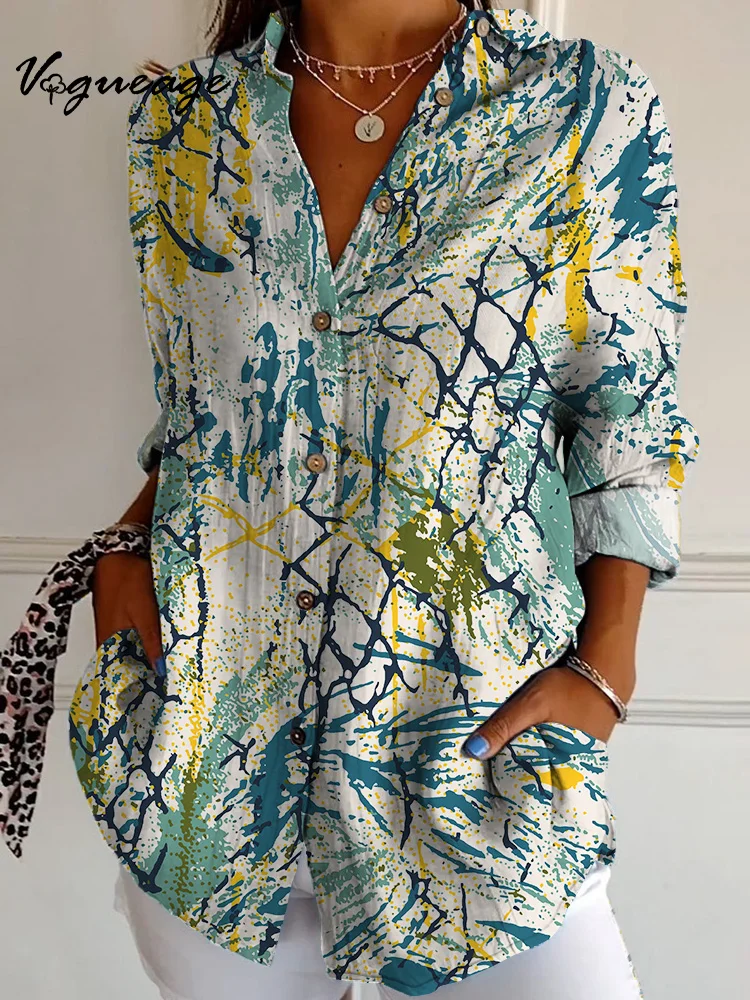 Fashionable And Versatile Abstract Painting Long Sleeves Printed Cotton And Linen Shirt