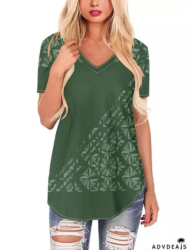 Women's Leisure Summer Printed V Neck Short Sleeve T-shirt