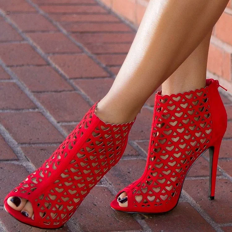 Red Peep Toe Heels Hollow out Heart Shaped Stiletto Heel Sandals |FSJ Shoes
