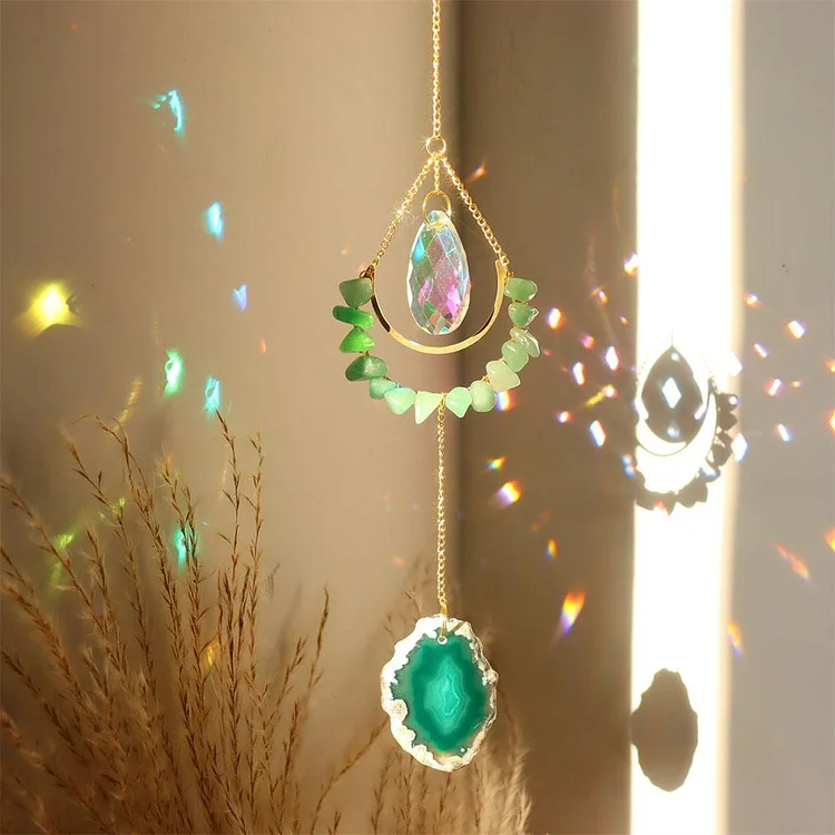 Wind Chime Crystal Catcher Amber Natural Stone Ornaments Craft (Green)