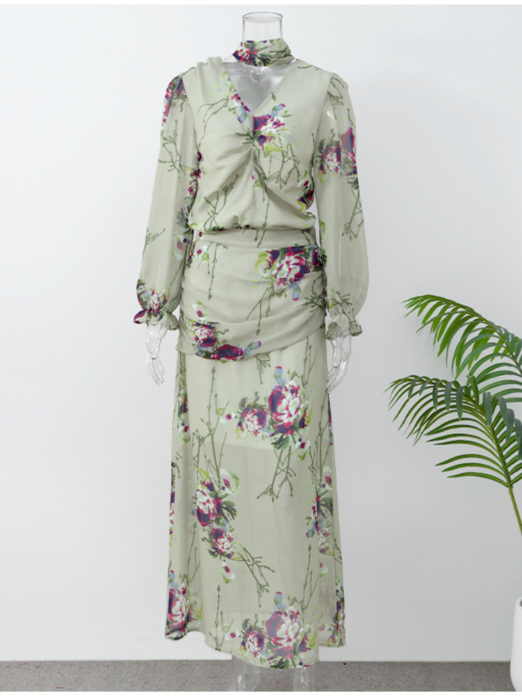 Uveng Women Elegant Flower Printed Gauze Pleated Dress Suits Chic V Neck Full Sleeved Top High Waist Long Dresses Set Lady Party Wear 413-0