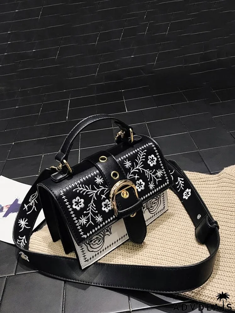 Buckle Decor Floral Embroidered Bag