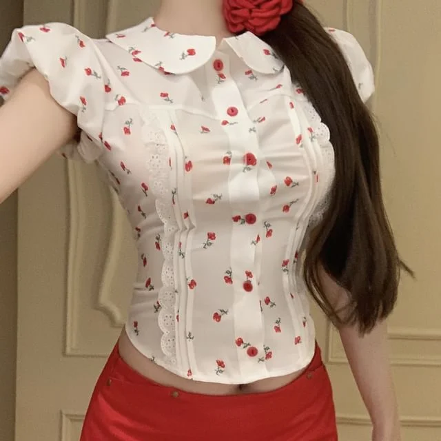 Floral Rise Skirt Plain Mini Pencil Shirt Mid / Puff-Sleeve