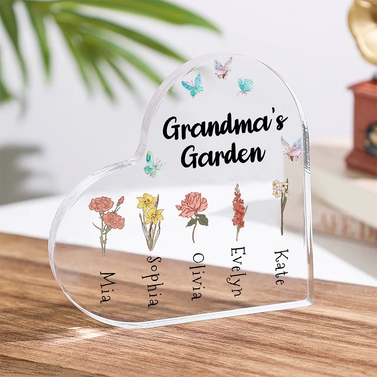 2 Names-Personalized Grandma's Garden Acrylic Customize Birthday Flowers Ornament Gifts-Special Heart Keepsake Desktop Ornament for Grandma