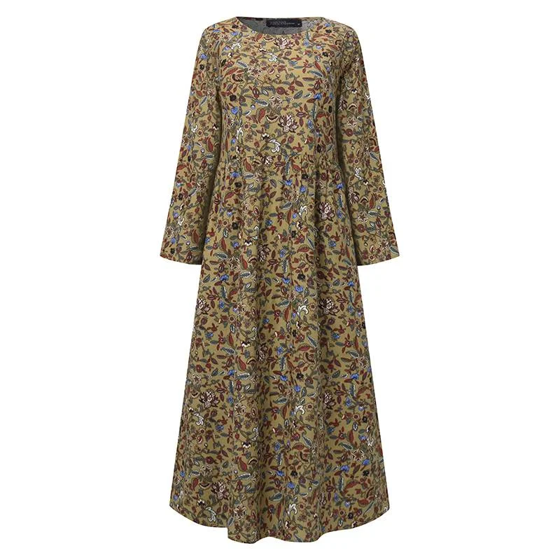 ZANZEA Vintage Women Floral Printed Sundress Spring Bohemian Long Sleeve Cotton Linen Midi Dress Casual Retro Vestido Kaftan