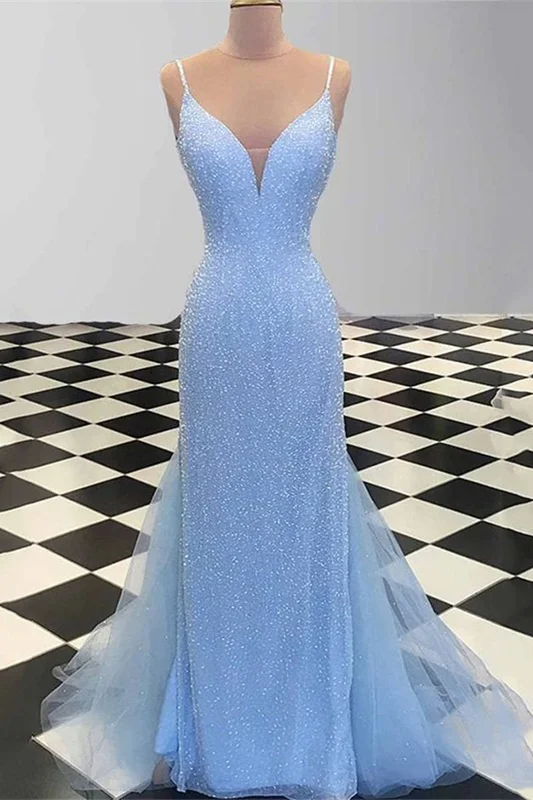 Luluslly Spaghetti-Straps Sky Blue Mermaid Prom Dress Sequins Long Tulle
