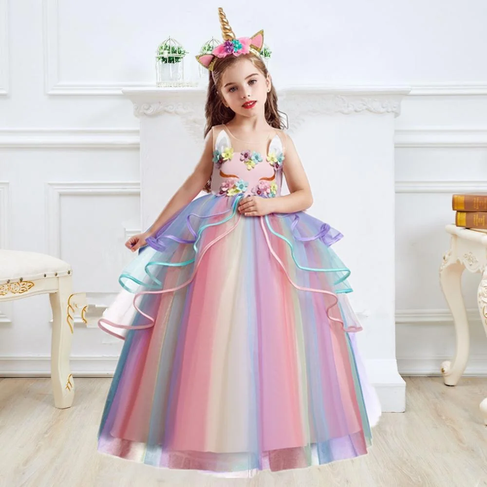 Kids Unicorn Dress for Girls Flower Appliques Ball Gown Little Girl Princess Dresses Elegant Party Costumes Children Clothing