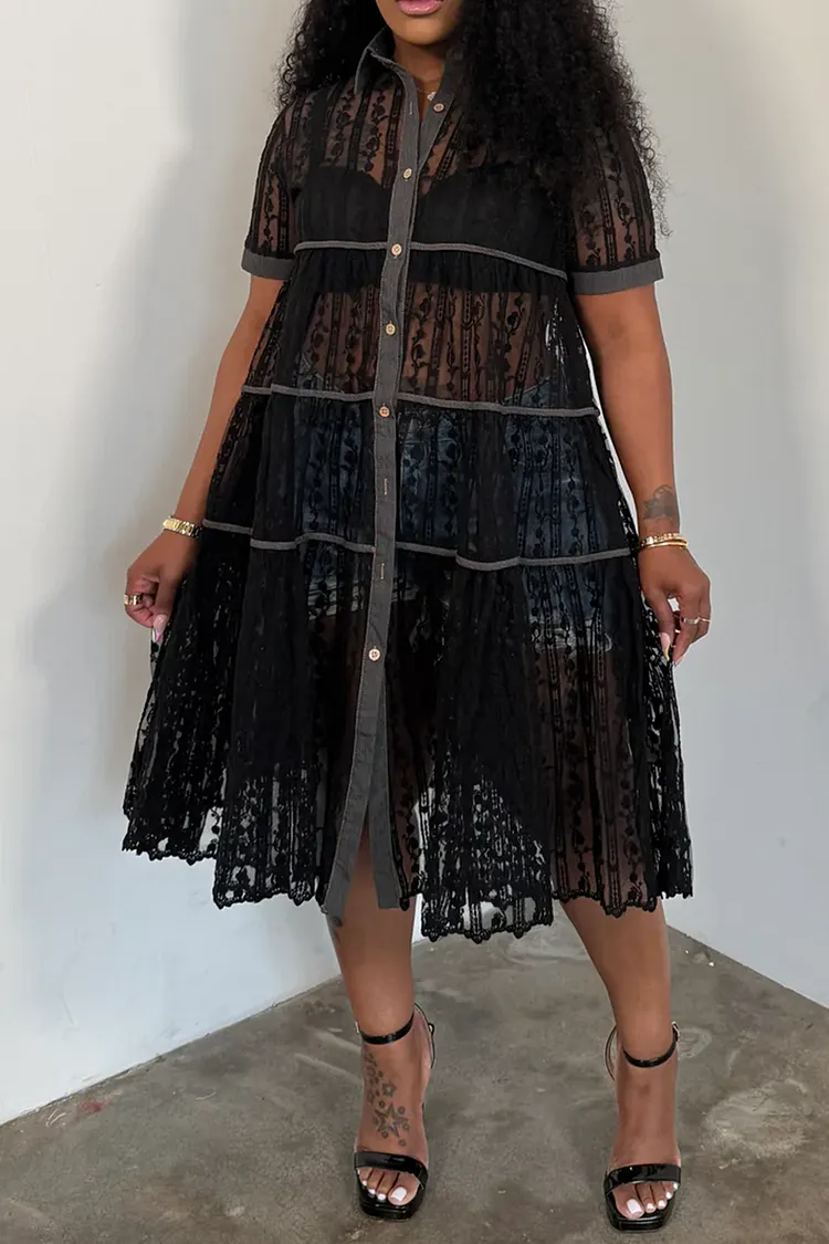 Plus Size Party Casual Lace Black Shirt Collar Short Sleeve Contrast Button Tencel Denim Midi Dresses [Pre-Order] 2024 - Xpluswear