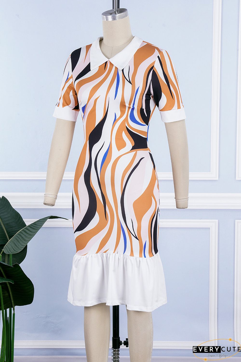 Multicolor Casual Print Patchwork Turndown Collar Short Sleeve Dress
