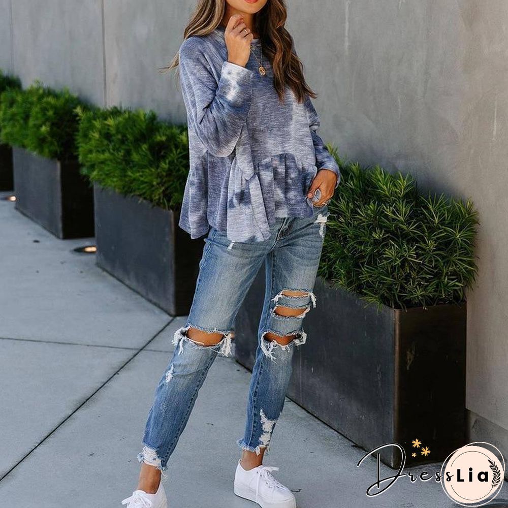 Autumn Winter Sexy Woman Tshirts Tie-dye Long Sleeved Tops Aesthetic Clothes Color All-match Fashion Women's Fall Clothing