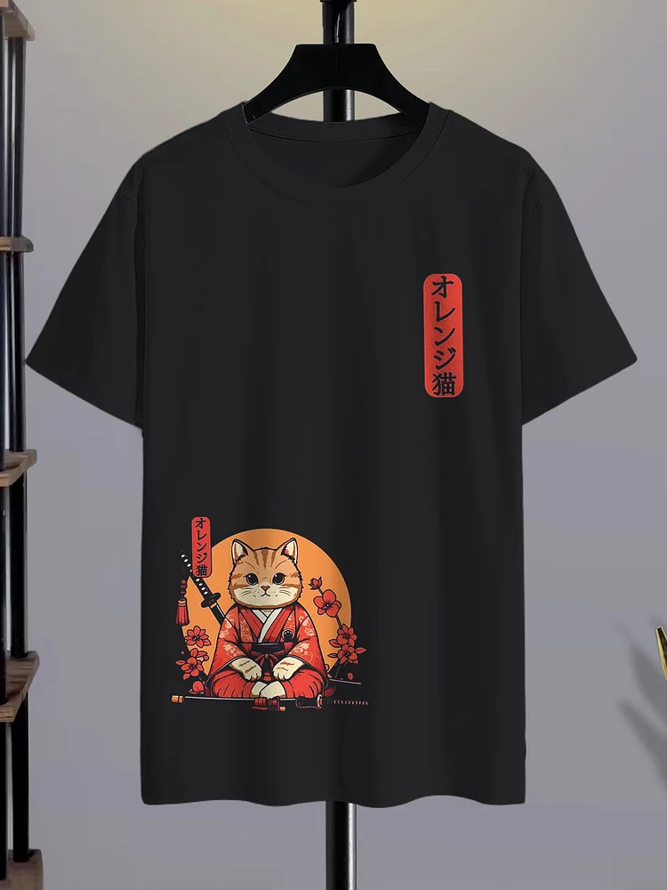 <💯Cotton> Men's Japanese Samurai Cat Graphic Print Cotton Casual T-Shirt