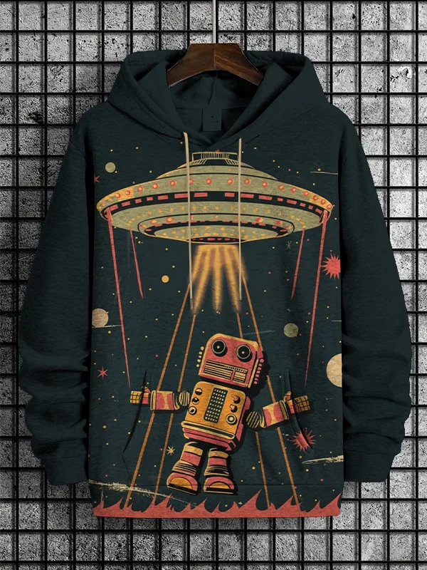 Men's Vintage Robot UFO Print Casual Hoodie