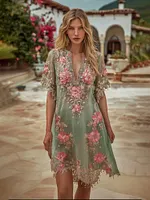 Women's Vintage Embroidered Pink Rose Mint Green Short-sleeved Midi Dress
