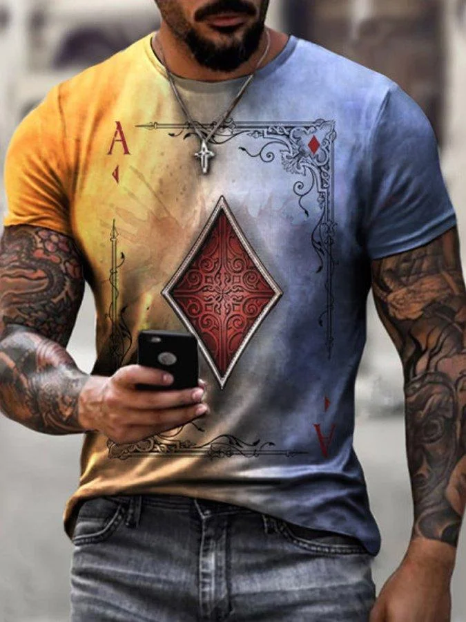 Mens O-Neck Poker Print Gradient Short-Sleeved T-Shirt