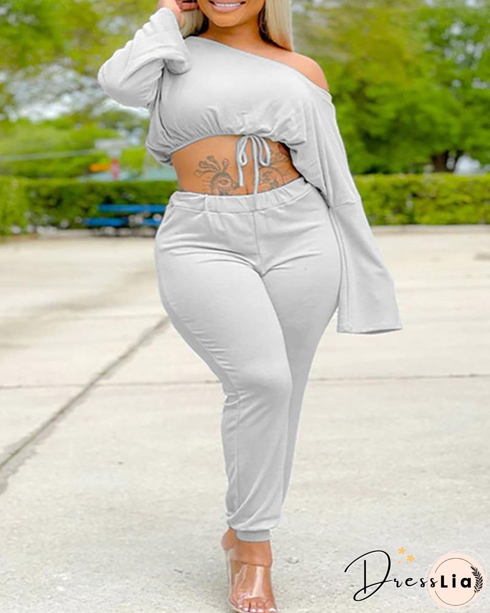 One Shoulder Bell Sleeve Crop Top & Pants Set