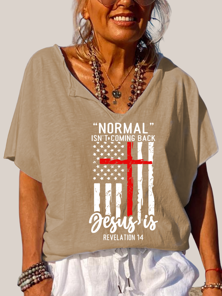 Normal Isn't Coming Back But Jesus Is Trundown Collar T Shirt Women's Loose Short Sleeve Top Spring Plus Size Shirt