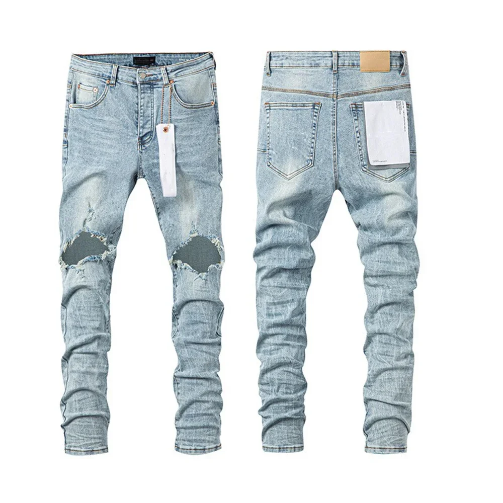 Topographys 25SS New Purples jeans Men high street Retro wash Light blue hole patch trend Stylish low raise Elastic Skinny jeans brand pants