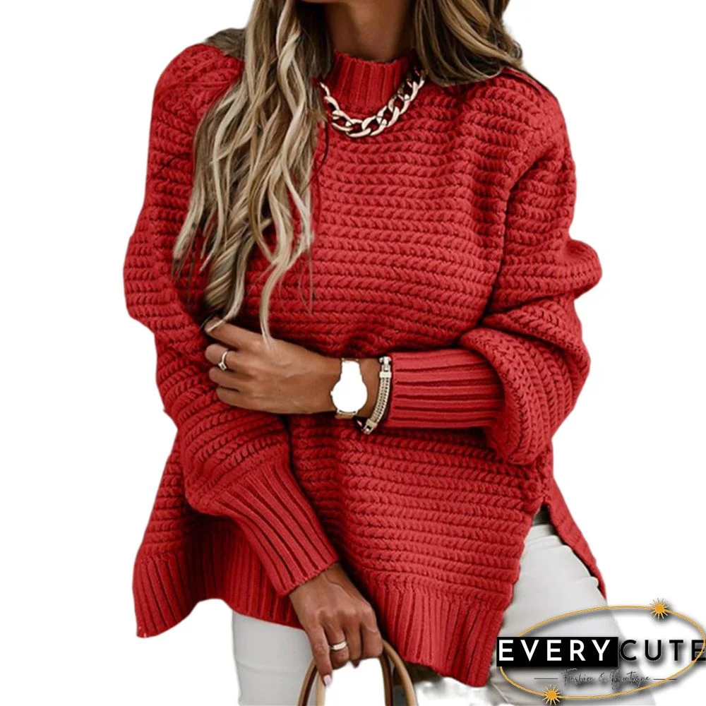 Red Solid Sides Split Pullover Sweater