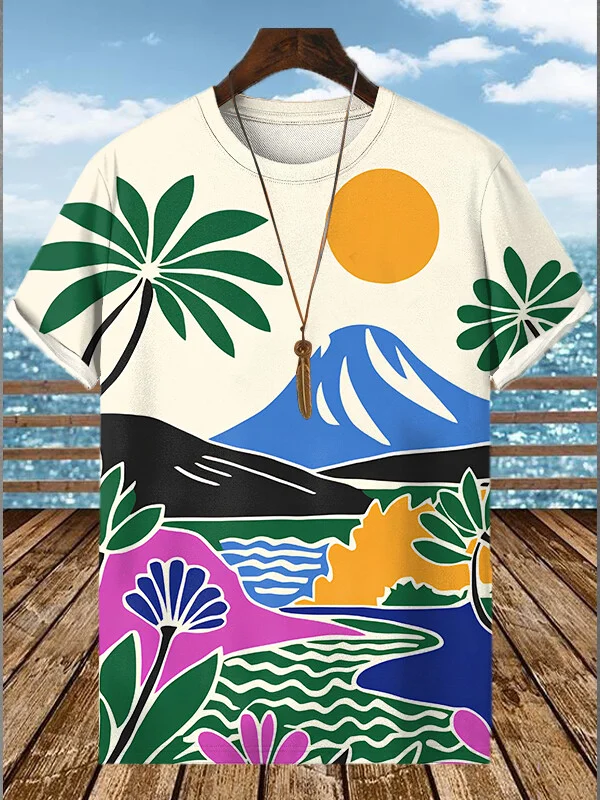 Men's Colorful Stream Holiday Scenery Print T-Shirt