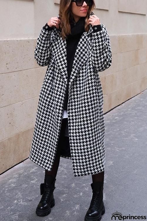 Houndstooth Lapel Woolen Coat