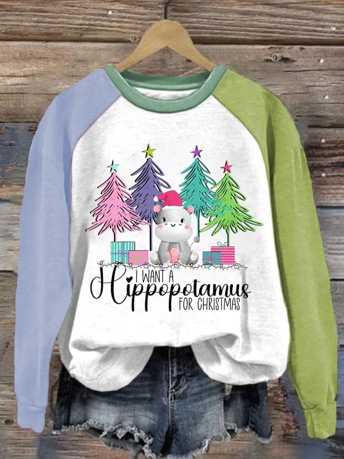 Women's Christmas I Want A Hippopotamus For Christma Casual Printed Sweatshirt