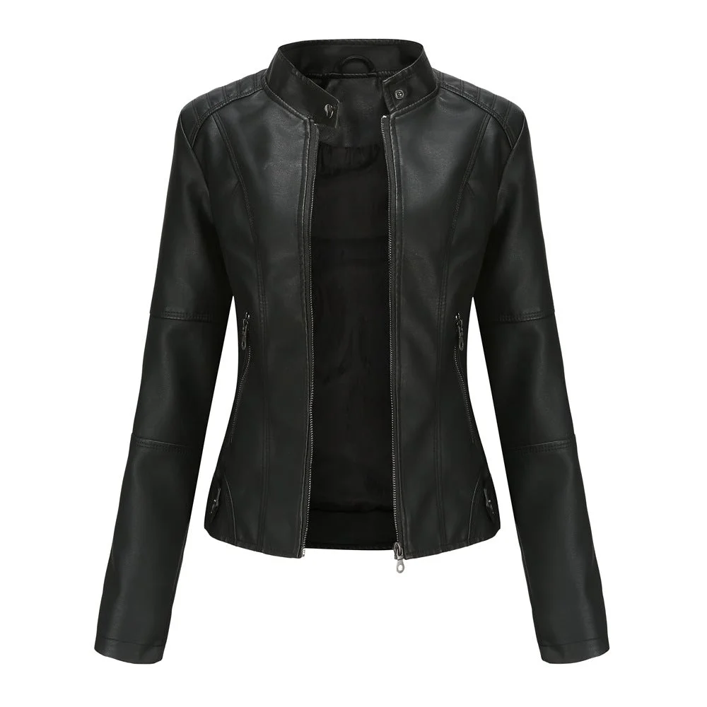 Slim-fit Stand-collar Leather Jacket Woman Biker Jacket