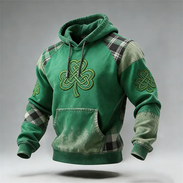 Men's St. Patrick Celtic Shamrock Plaid Colorblock Hoodie