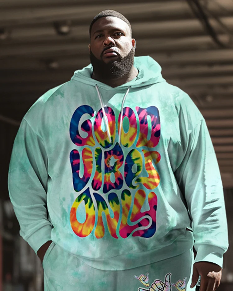 Men's Plus Size Casual Hip Hop Good Vibes Only Long Sleeve Hoodie Set
