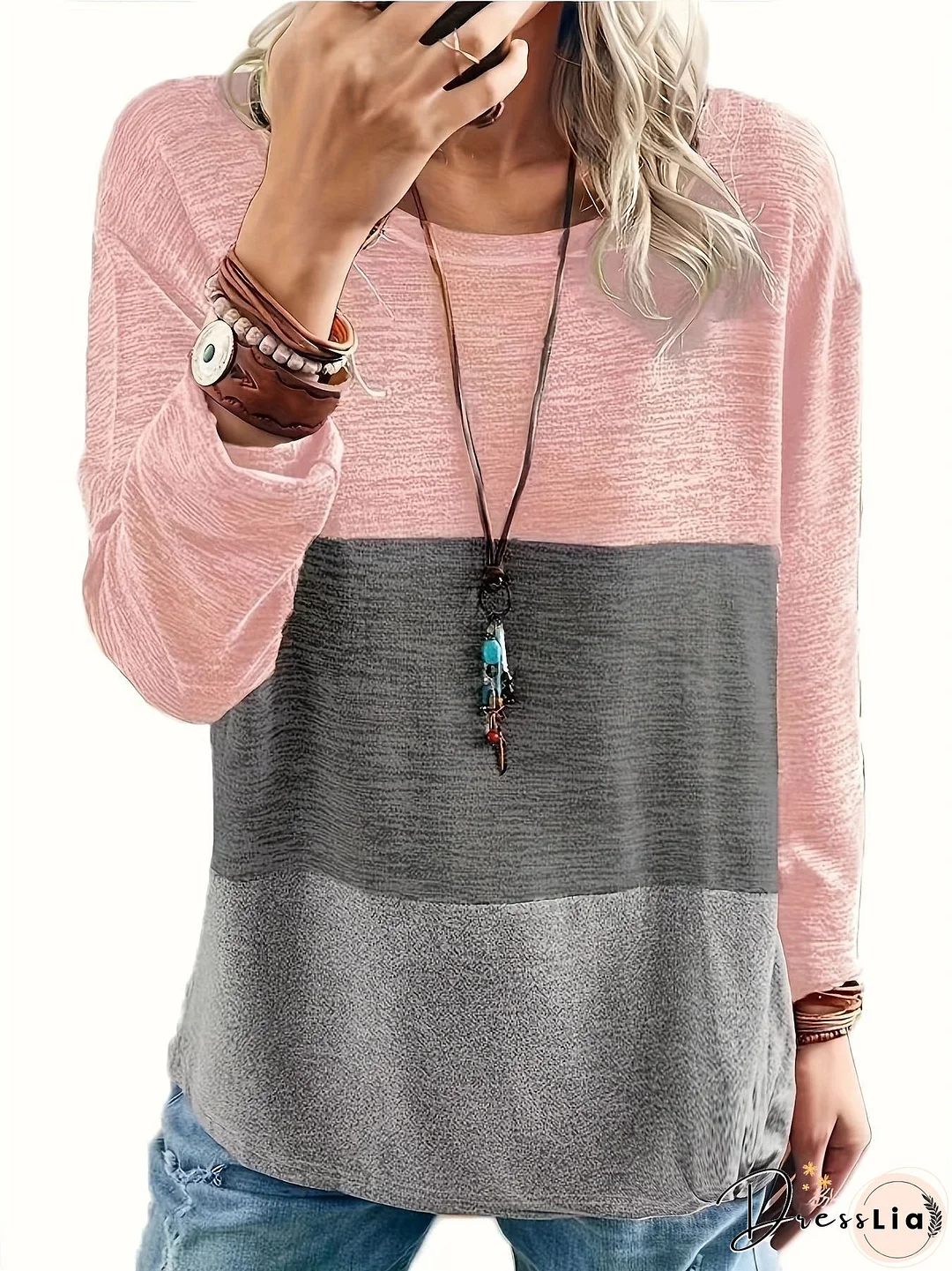 Plus Size Casual Top, Women's Plus Colorblock Long Sleeve Round Neck Medium Stretch Top