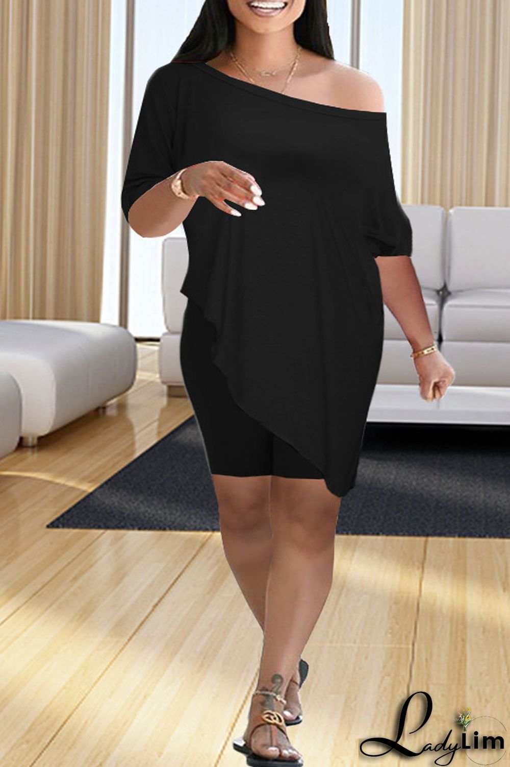 Black Fashion Casual Solid Asymmetrical Oblique Collar Half Sleeve Two Pieces