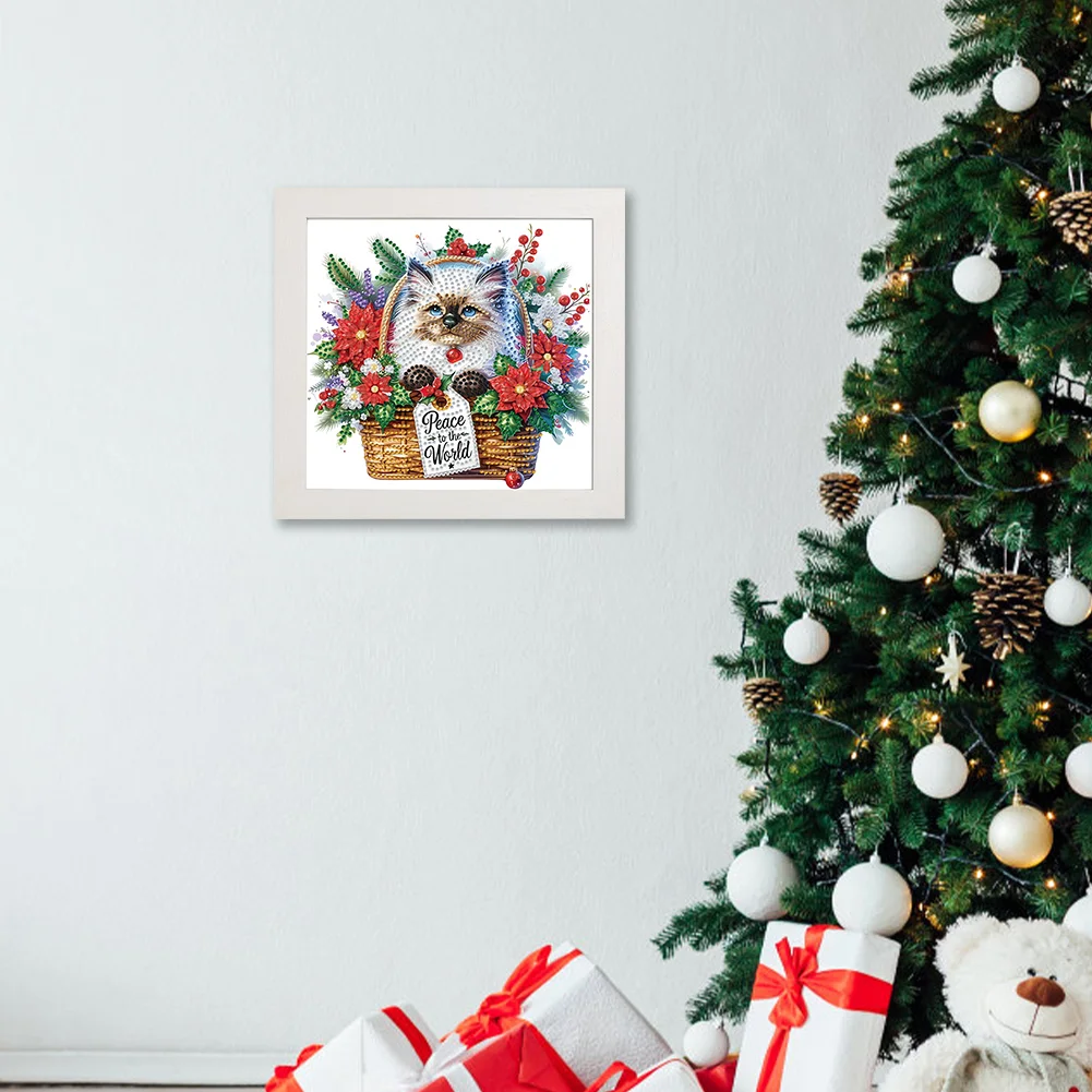 5D DIY Partial Special Shaped Drill Diamond Painting Xmas Siamese Cat 22.8x22.8cm【With Frame】