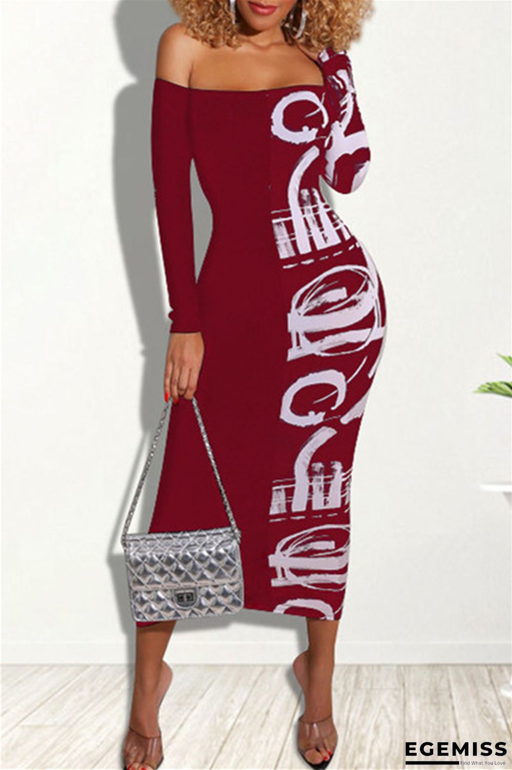 Red Fashion Sexy Print Patchwork Bateau Neck Printed Dress | EGEMISS