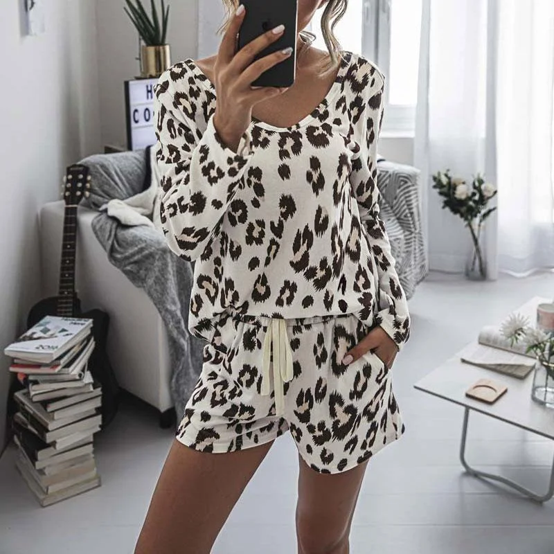 2021 Autumn Leopard Pajamas Set Women Home Wear Loungewear Pjs Women Pajamas Sleep Wear Homewear Ladies Home Suit