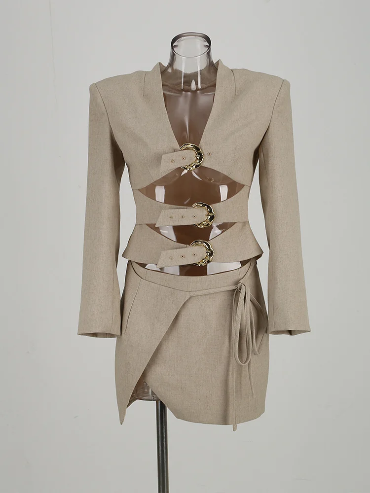 Zingj High-End Women's Suit Sexy Hollow With Long-Sleeved Top Irregular Tie Short Skirt Two-Set