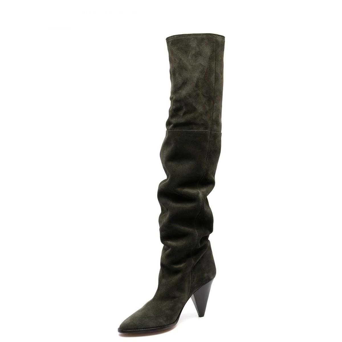 Full Dark Green Pointed Toe Cone Heel Over The Knee Slouch Boots