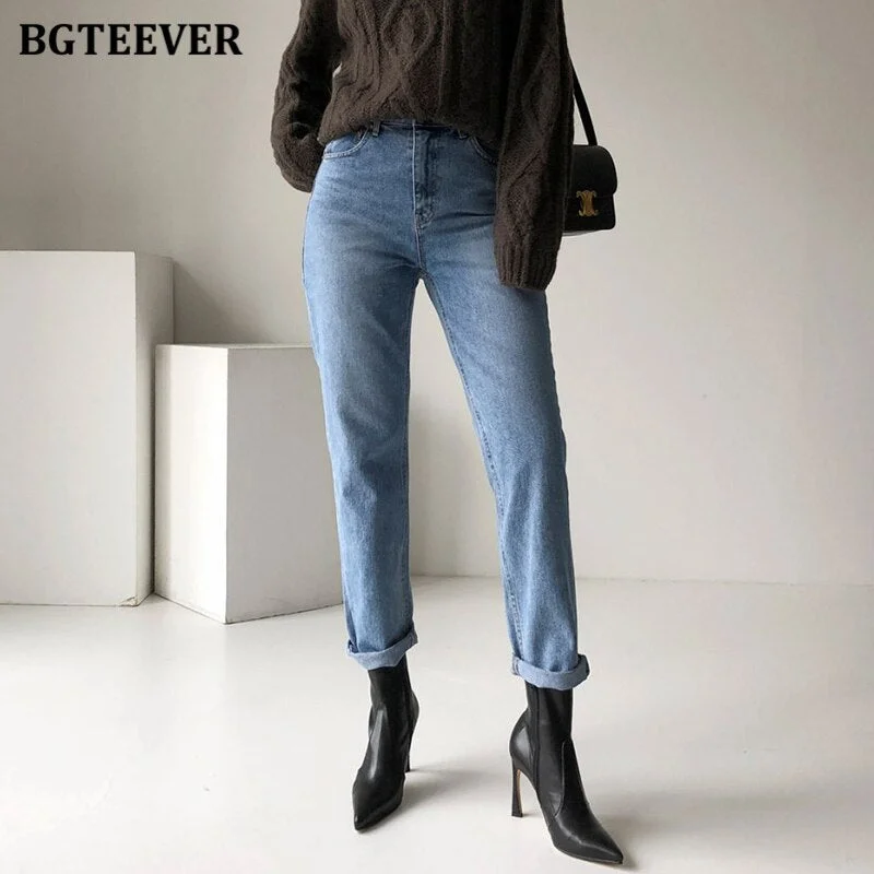 BGTEEVER Vintage Streetwear Women Denim Blue Jeans Autumn Winter High Waist Loose Trousers Female Straight Leg Jeans Pants