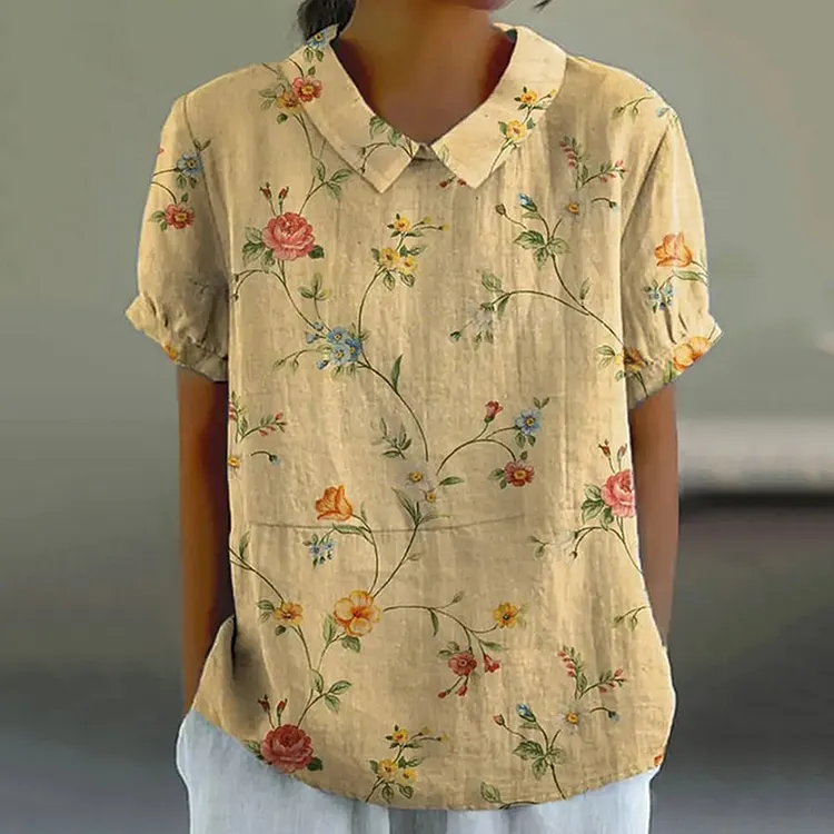 Boughs And Robin Birds Graphic Print Casual Cotton Linen Shirt