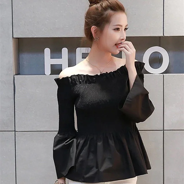 Ruffle Off shoulder Top Women Long sleeve Slim fit Tunics Blouse Solid color Black White Shirt Basic 2021 Autumn New