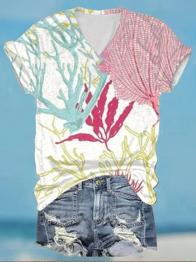 Women'S Art Botanical Flower Beach Vacation Print Casual T-Shirt