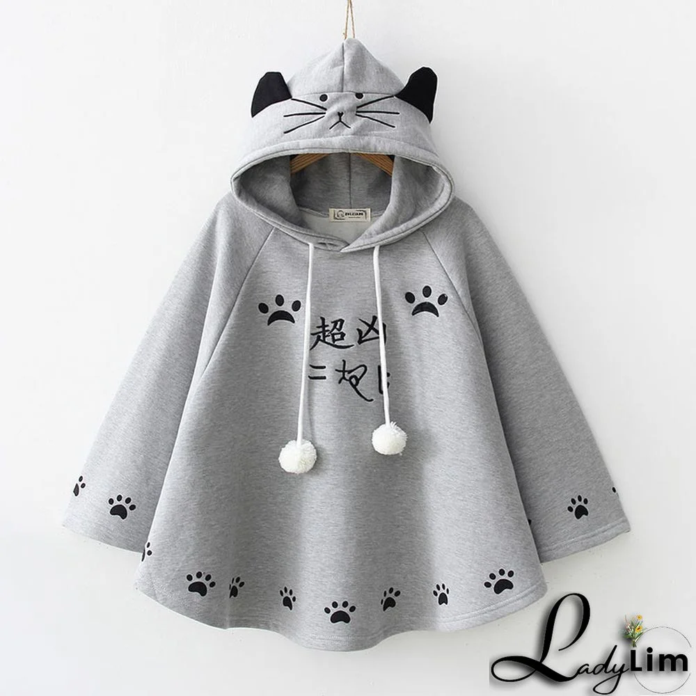 Cartoon Kitty Paw Print Plush Hooded Cloak Coat